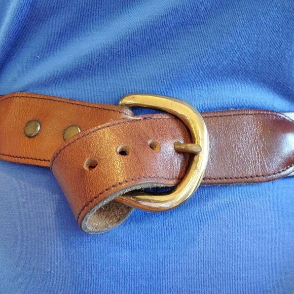 Vintage Brown Leather Boho Belt Embroidered Brass - Picture 2 of 7